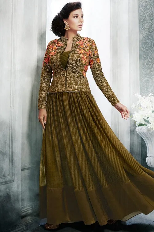 Olive Green Embroidered Jacket Style Anarkali Suit