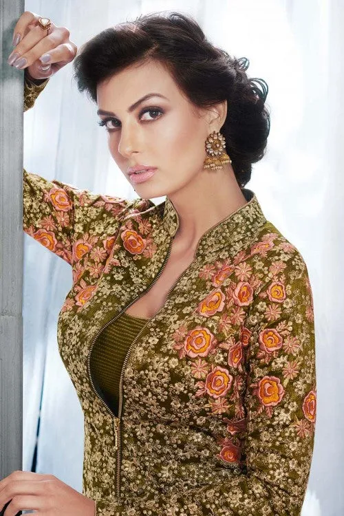 Olive Green Embroidered Jacket Style Anarkali Suit