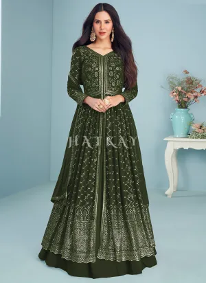 Olive Green Embroidered Slit Style Designer Anarkali Lehenga