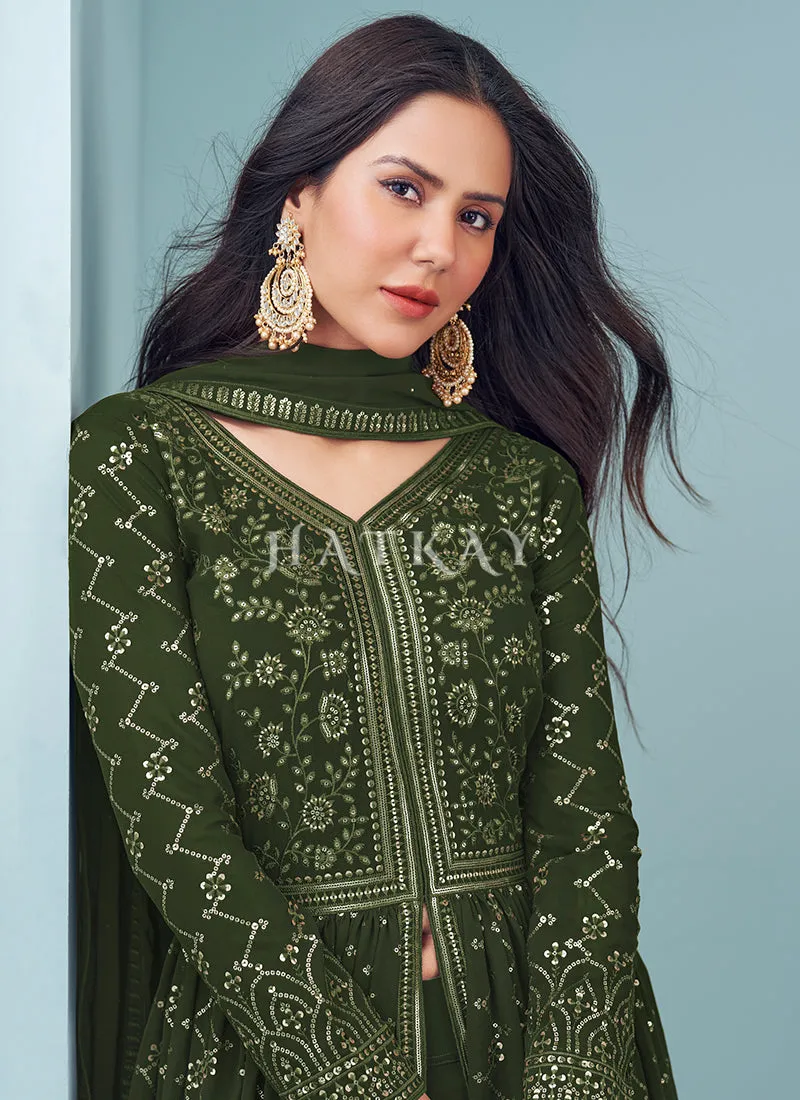 Olive Green Embroidered Slit Style Designer Anarkali Lehenga