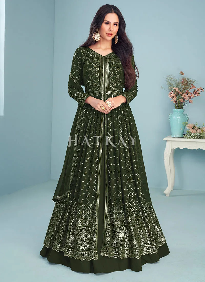 Olive Green Embroidered Slit Style Designer Anarkali Lehenga