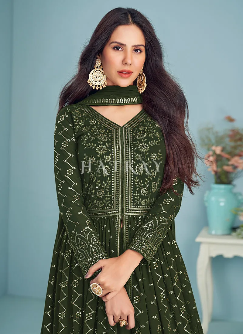 Olive Green Embroidered Slit Style Designer Anarkali Lehenga