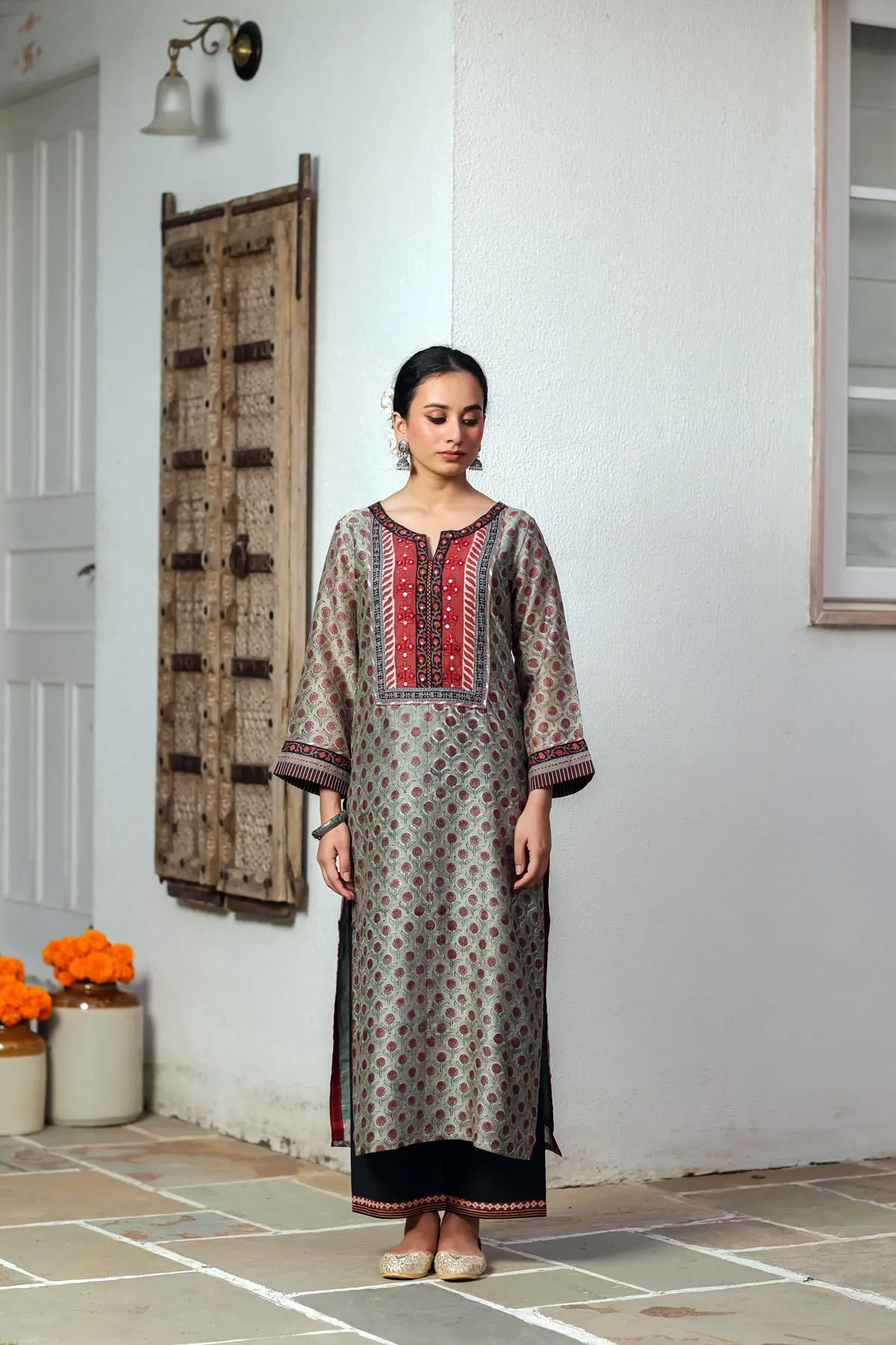 Olive Green Hand Block Printed Chanderi Kurta