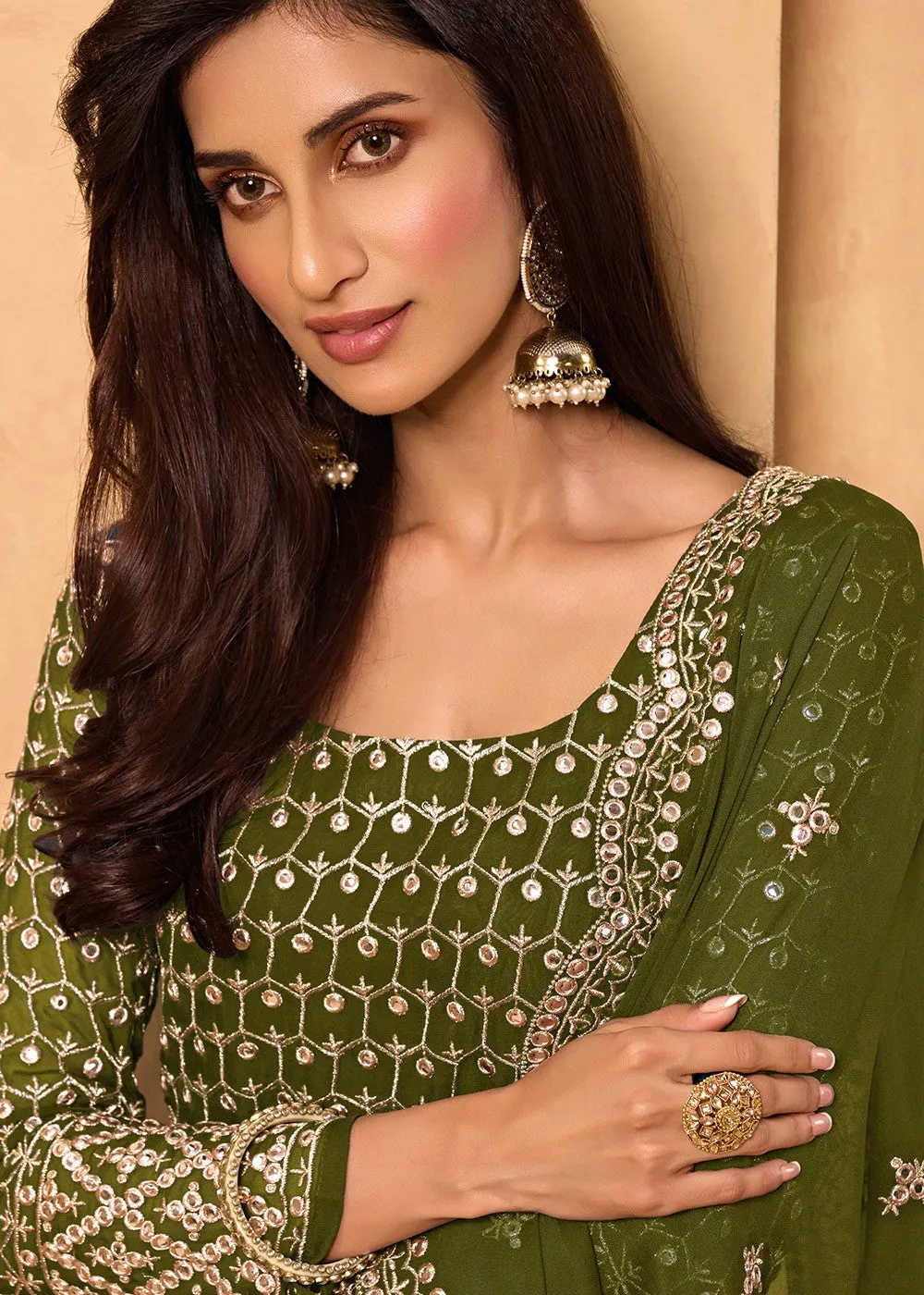 Olive Green Party Style Designer Sharara Suit