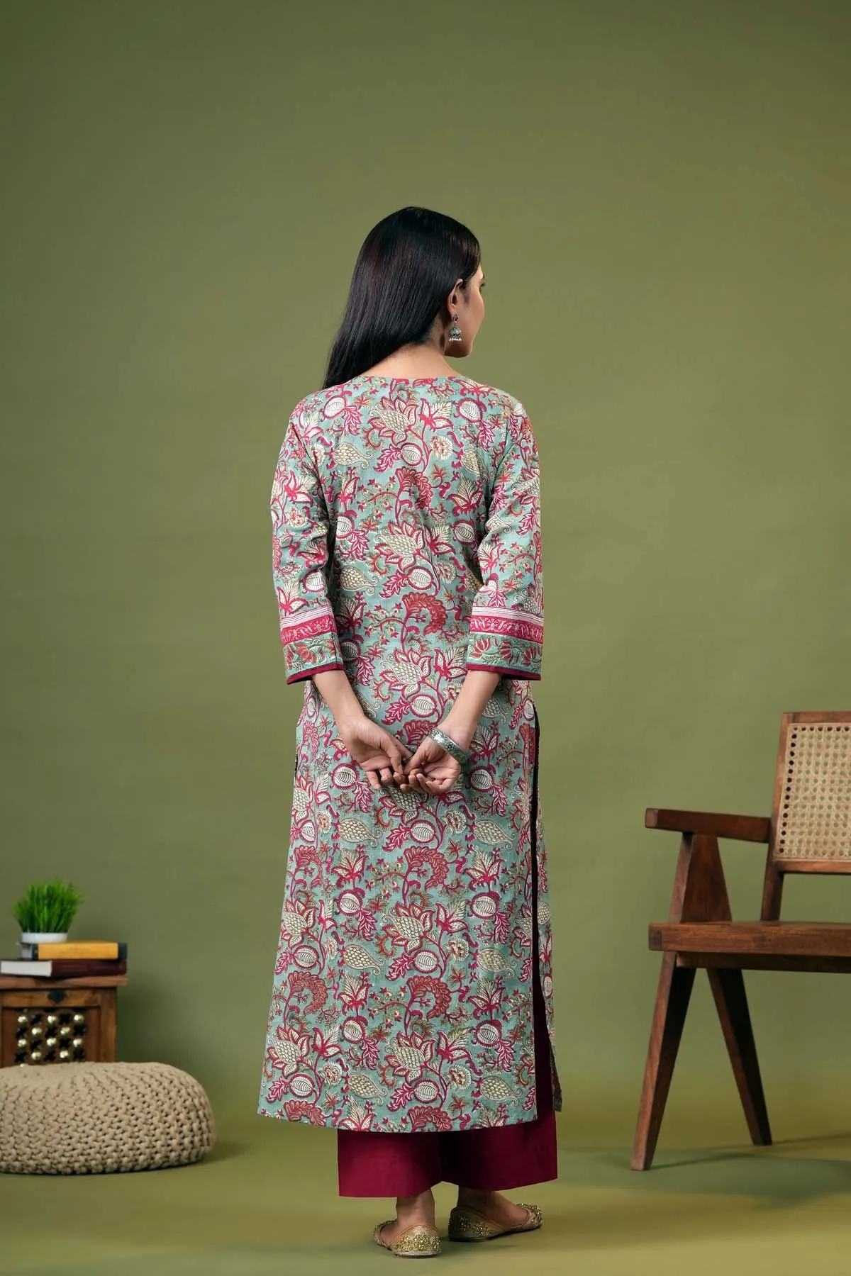 Olive Green Straight Fit Kurta In Hand Block Cotton