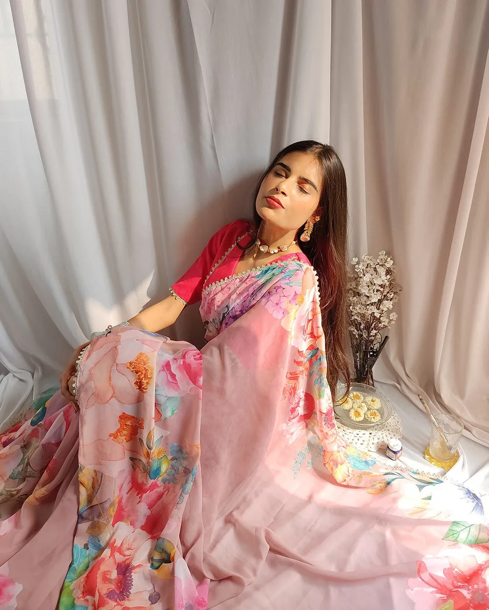 Onion Color Floral Printed Georgette Saree with Sequins and Lace