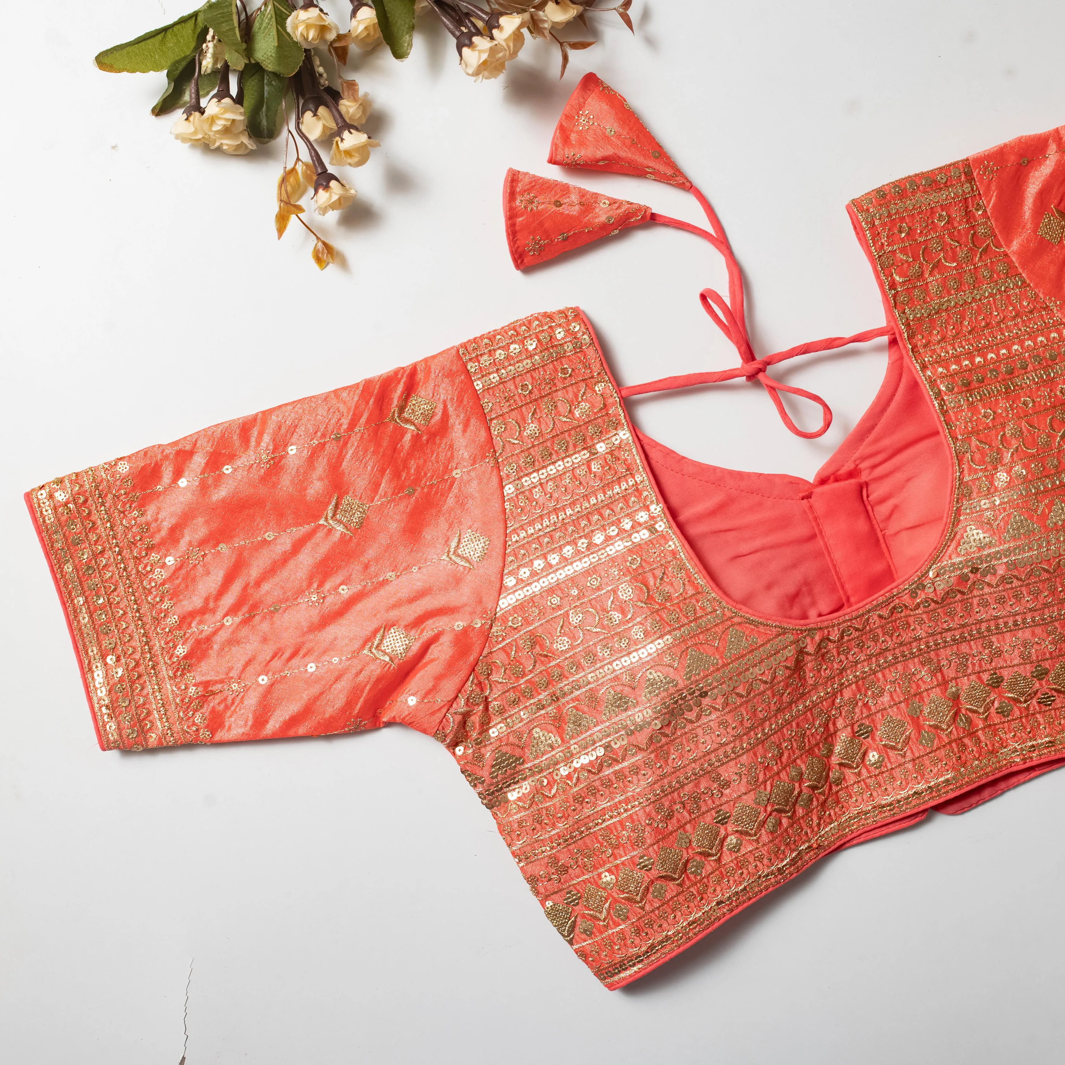 Orange Golden Embroidered Vibrant Silk Blouse with Sequins