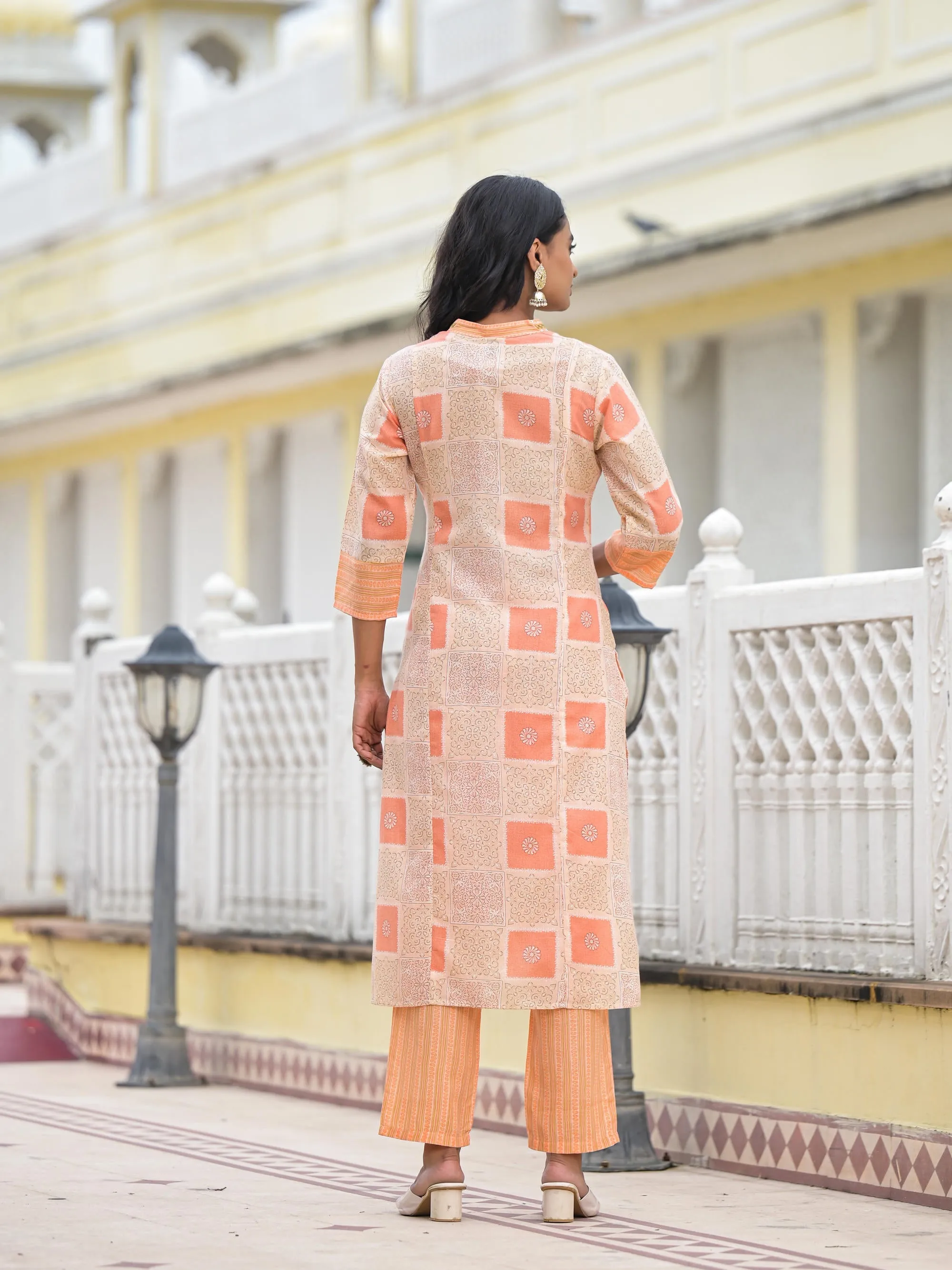 Peach Floral Printed Cotton Kurta Pant With Dupatta Set With Thread Work & Sequins