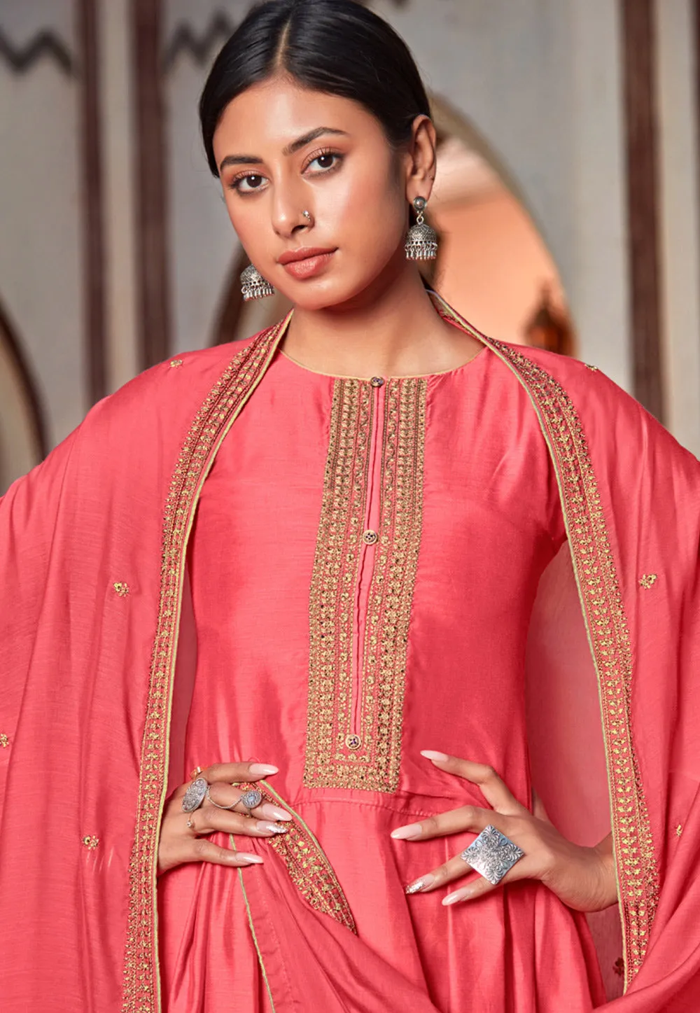 Peach Golden Embroidered Pakistani Style Pant Suit