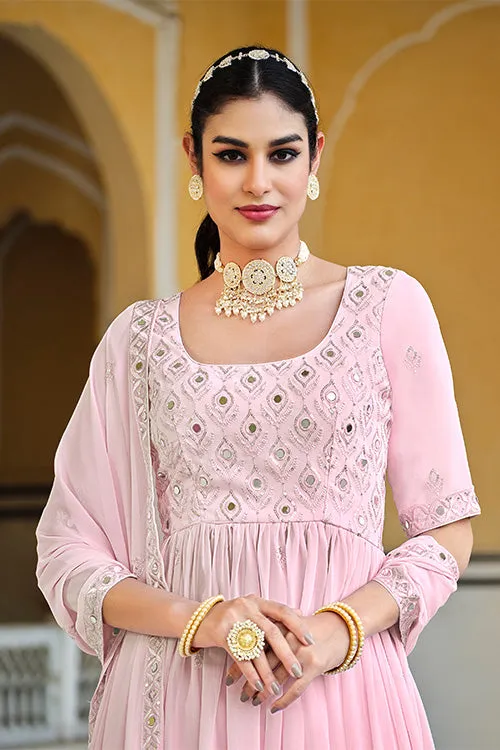 Pink Georgette Embroidered Work Kurta Palazzo Dupatta Set