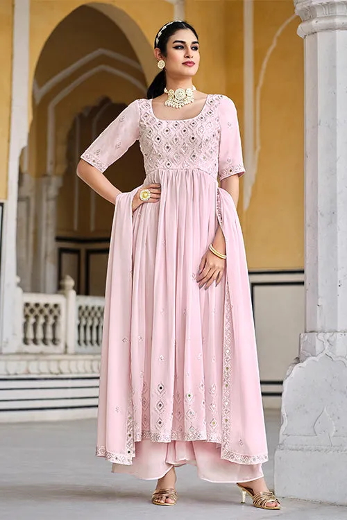 Pink Georgette Embroidered Work Kurta Palazzo Dupatta Set