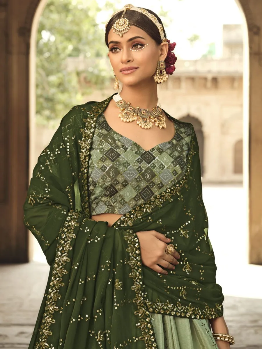 Pista Green and Olive Green Silk Embroidered Lehenga Choli