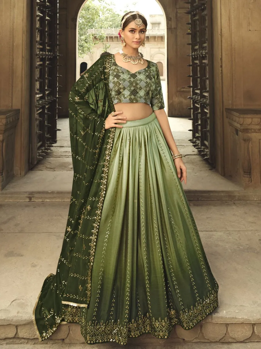 Pista Green and Olive Green Silk Embroidered Lehenga Choli