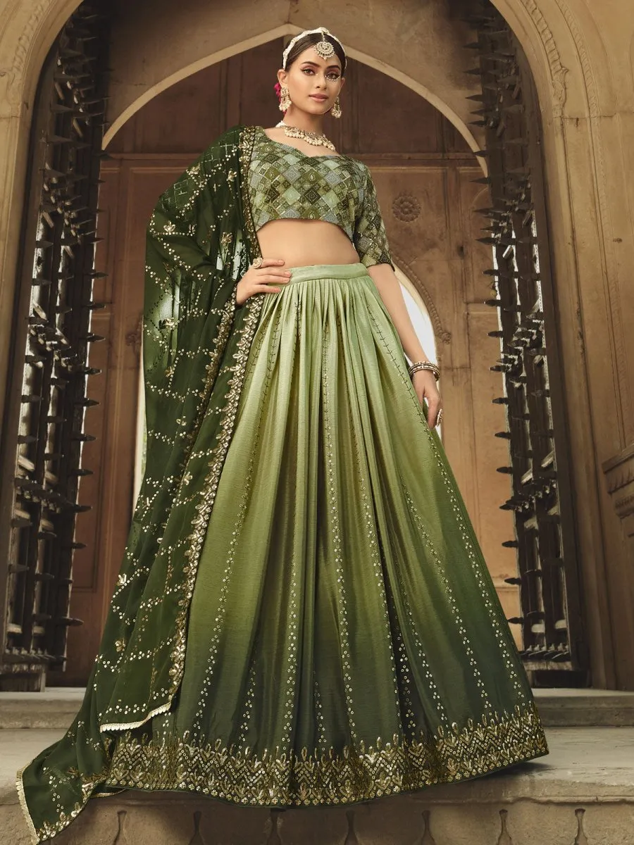 Pista Green and Olive Green Silk Embroidered Lehenga Choli