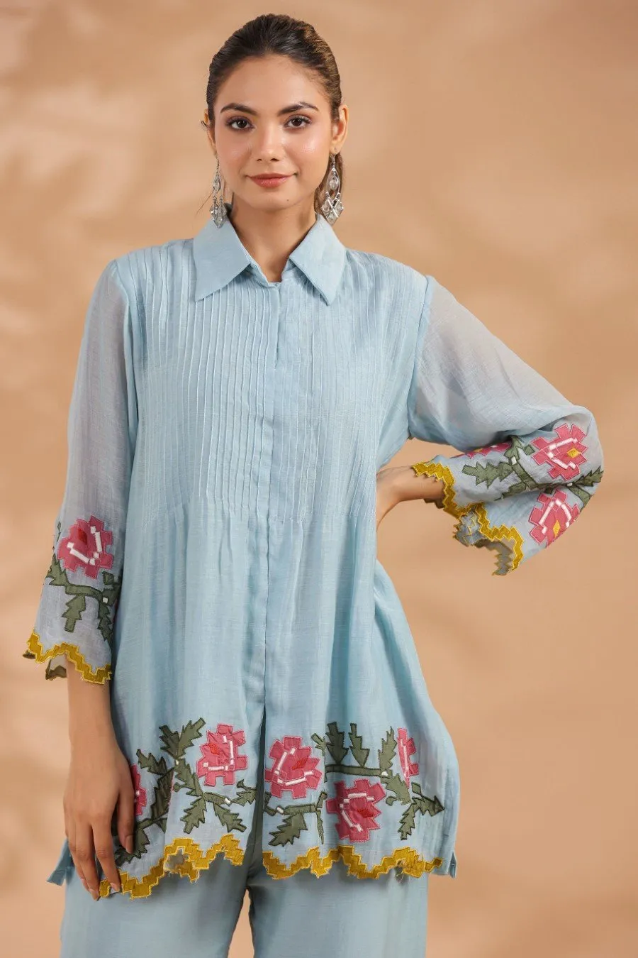 Powder Blue Applique Chanderi Silk Co-ord Set