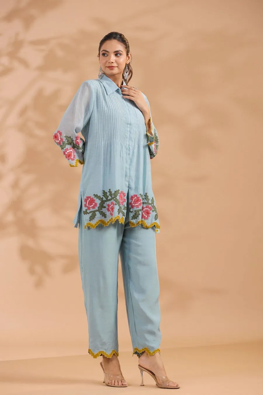 Powder Blue Applique Chanderi Silk Co-ord Set