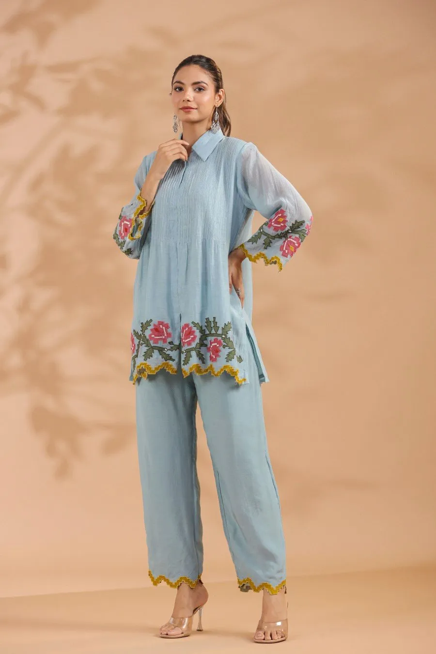 Powder Blue Applique Chanderi Silk Co-ord Set