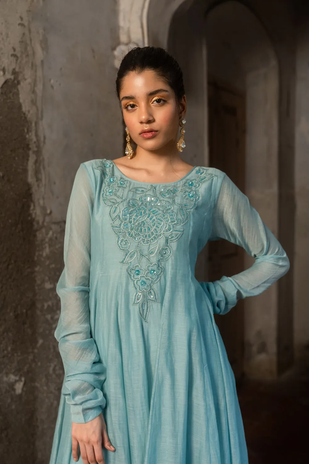 Powder Blue Embroidered Anarkali & Pant Set