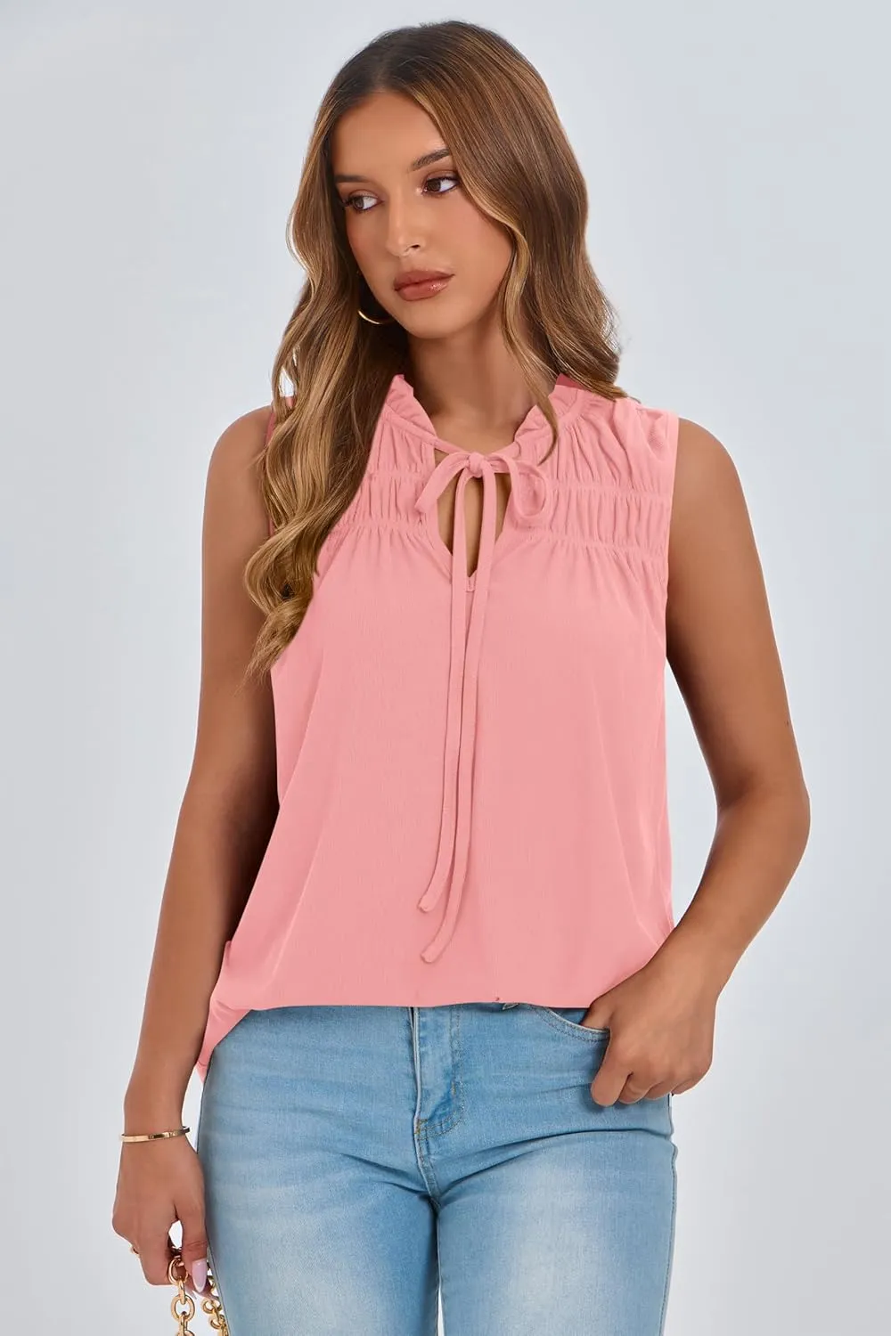 PRETTYGARDEN Womens Summer Tops Sleeveless V Neck Shirts Ruffle Loose Tank Top Smocked Work Flowy Dressy Casual Blouses