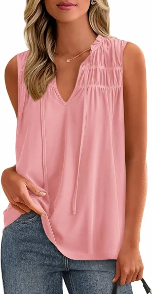 PRETTYGARDEN Womens Summer Tops Sleeveless V Neck Shirts Ruffle Loose Tank Top Smocked Work Flowy Dressy Casual Blouses