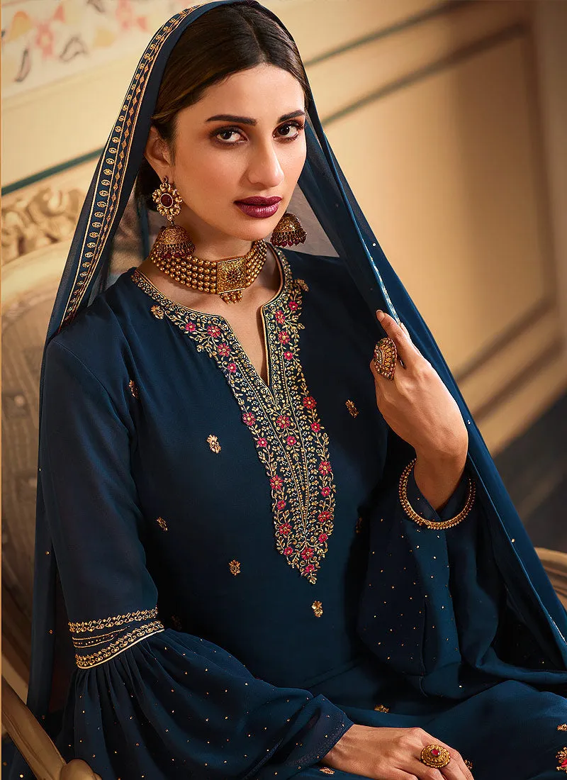 Royal Blue Embroidered Pakistani Pant Style Suit