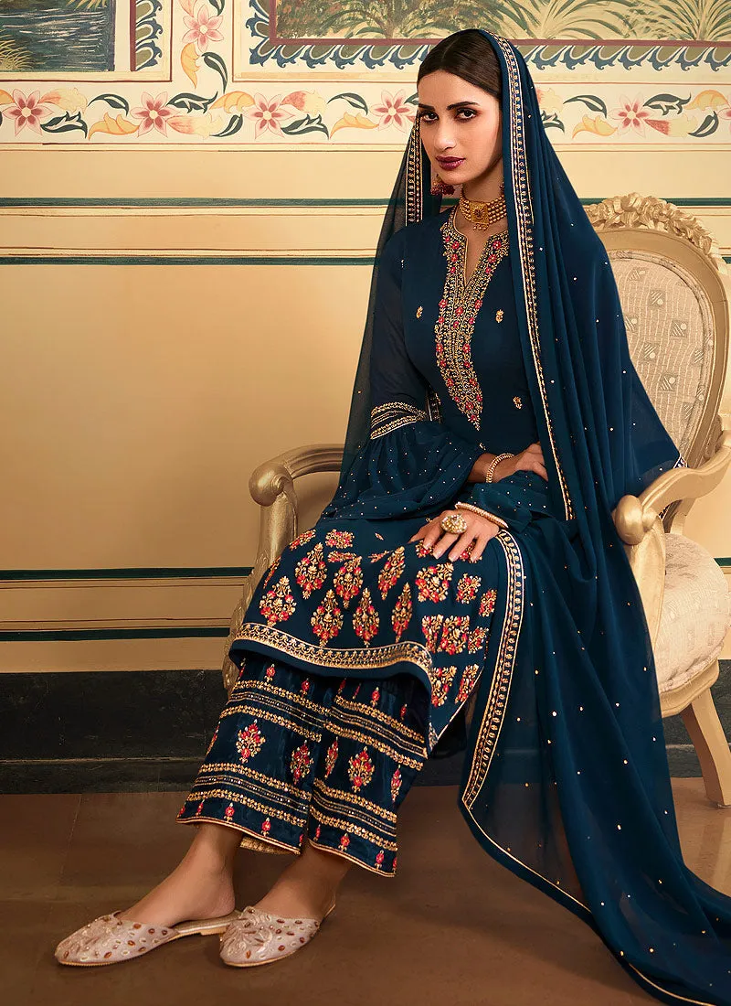 Royal Blue Embroidered Pakistani Pant Style Suit