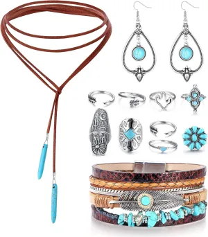 Sanfenly Bohemian Turquoise Jewelry for Women Western Jewelry Pendant Suede Long Choker Necklace Vintage Turquoise Statement Dangle Earrings Boho Leather Cuff Bracelet with Stackable Knuckle Rings Set for Women