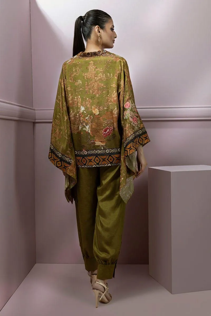 Shamaeel - Silk Olive Green Inner and Pants with Embroidered Ponchi Style Open Shirt
