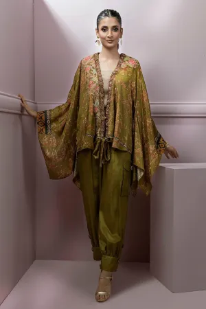 Shamaeel - Silk Olive Green Inner and Pants with Embroidered Ponchi Style Open Shirt