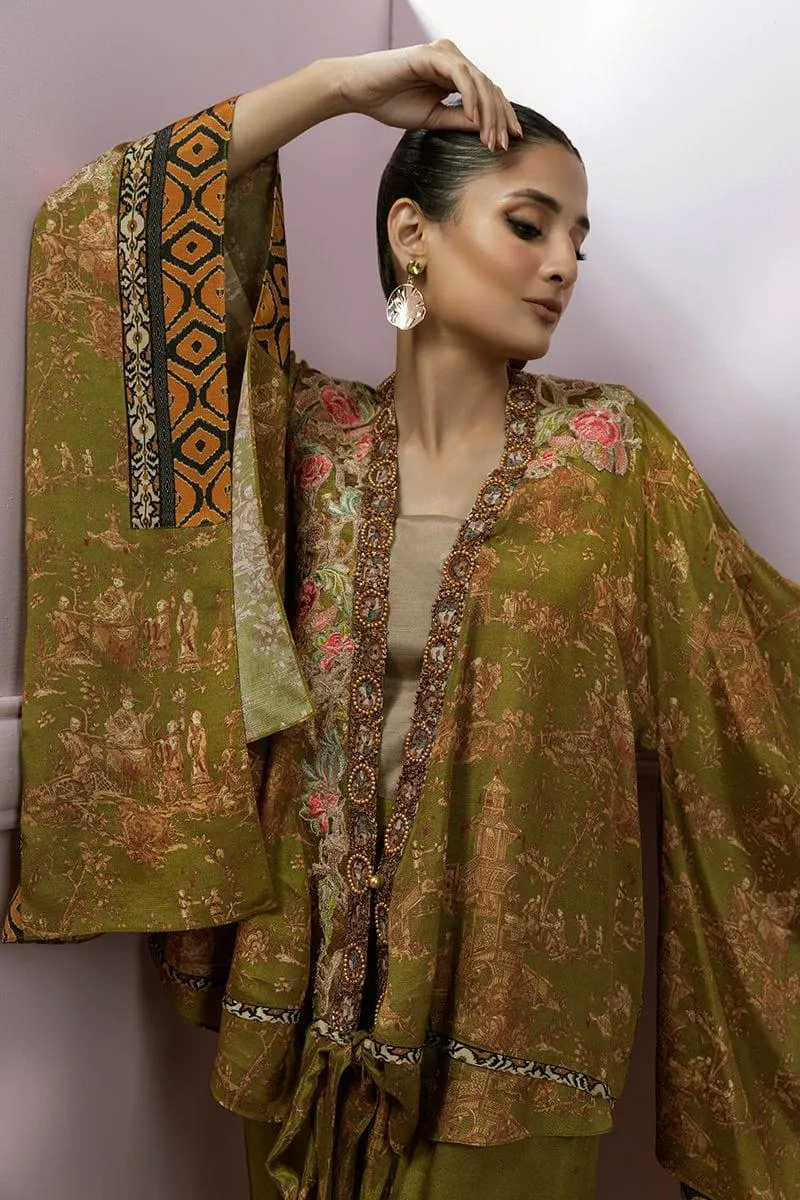 Shamaeel - Silk Olive Green Inner and Pants with Embroidered Ponchi Style Open Shirt