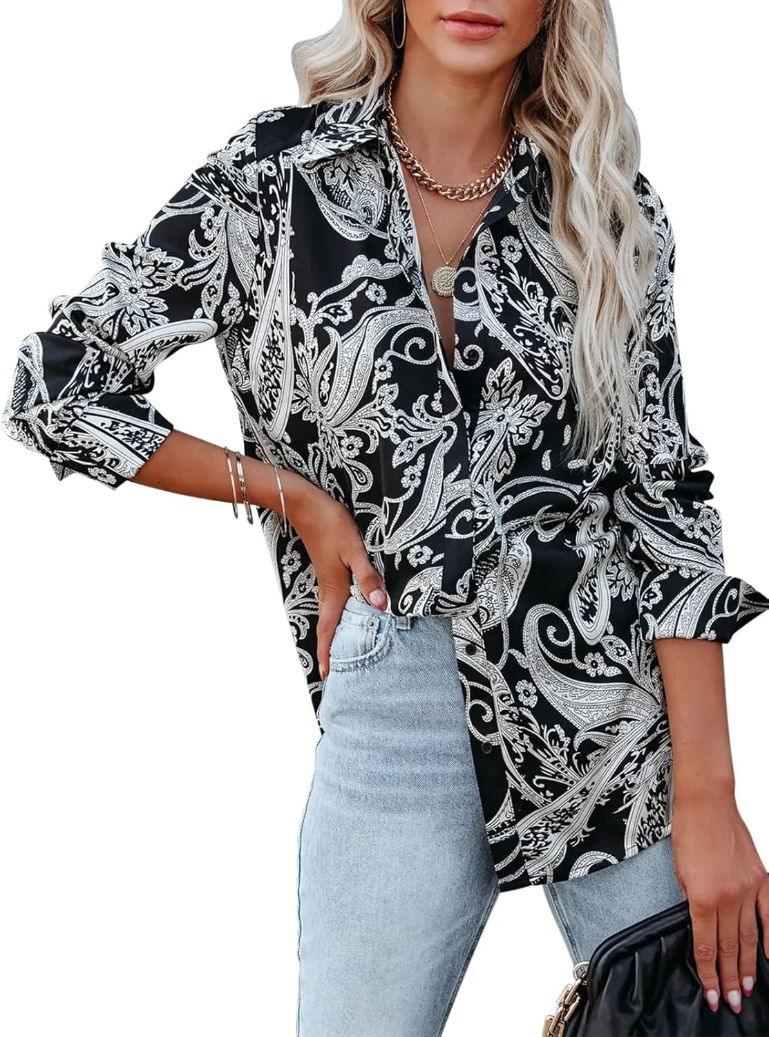 siliteelon Womens Button Down Shirts Dress Shirts Long Sleeve Wrinkle Free Collared Work Blouses Casual Print Chiffon Top