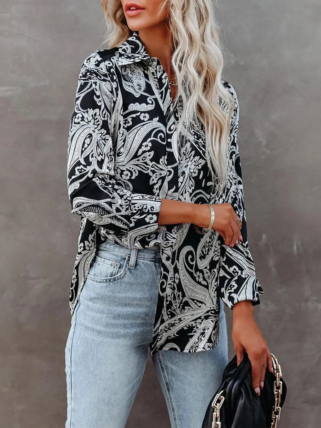 siliteelon Womens Button Down Shirts Dress Shirts Long Sleeve Wrinkle Free Collared Work Blouses Casual Print Chiffon Top