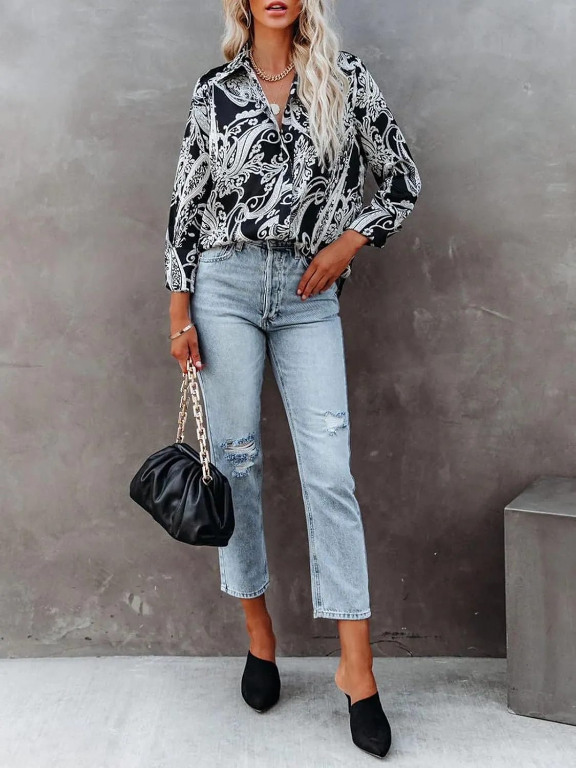 siliteelon Womens Button Down Shirts Dress Shirts Long Sleeve Wrinkle Free Collared Work Blouses Casual Print Chiffon Top