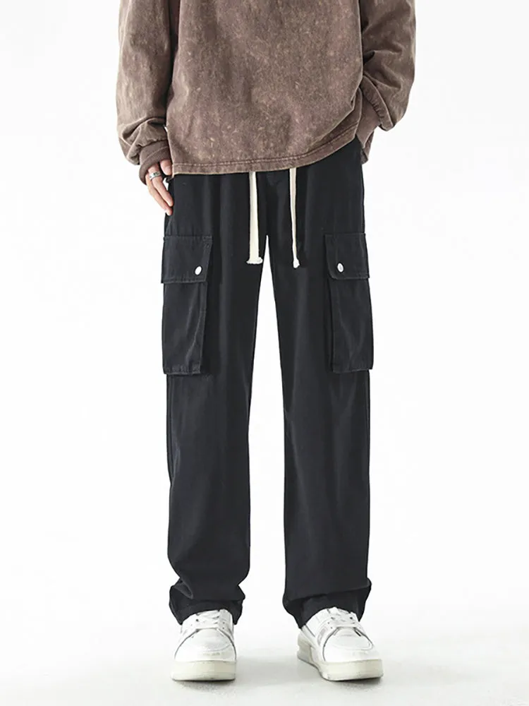 Straight Multi-Pocket Elastic Drawing Rope Cargo Pants