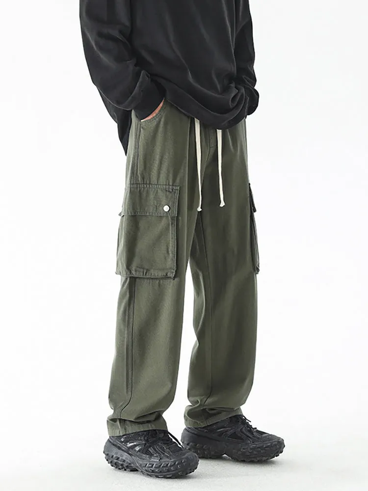 Straight Multi-Pocket Elastic Drawing Rope Cargo Pants