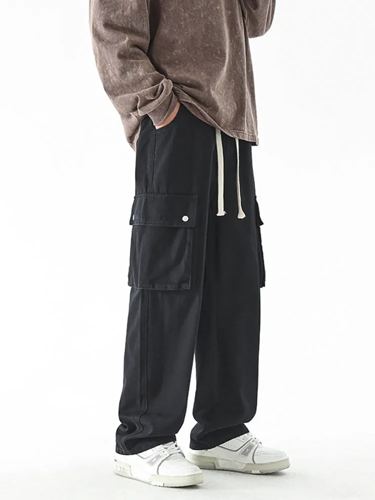 Straight Multi-Pocket Elastic Drawing Rope Cargo Pants