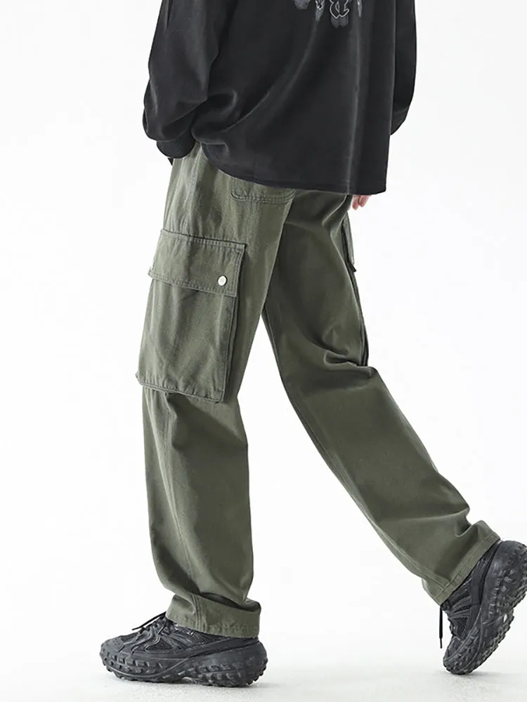 Straight Multi-Pocket Elastic Drawing Rope Cargo Pants