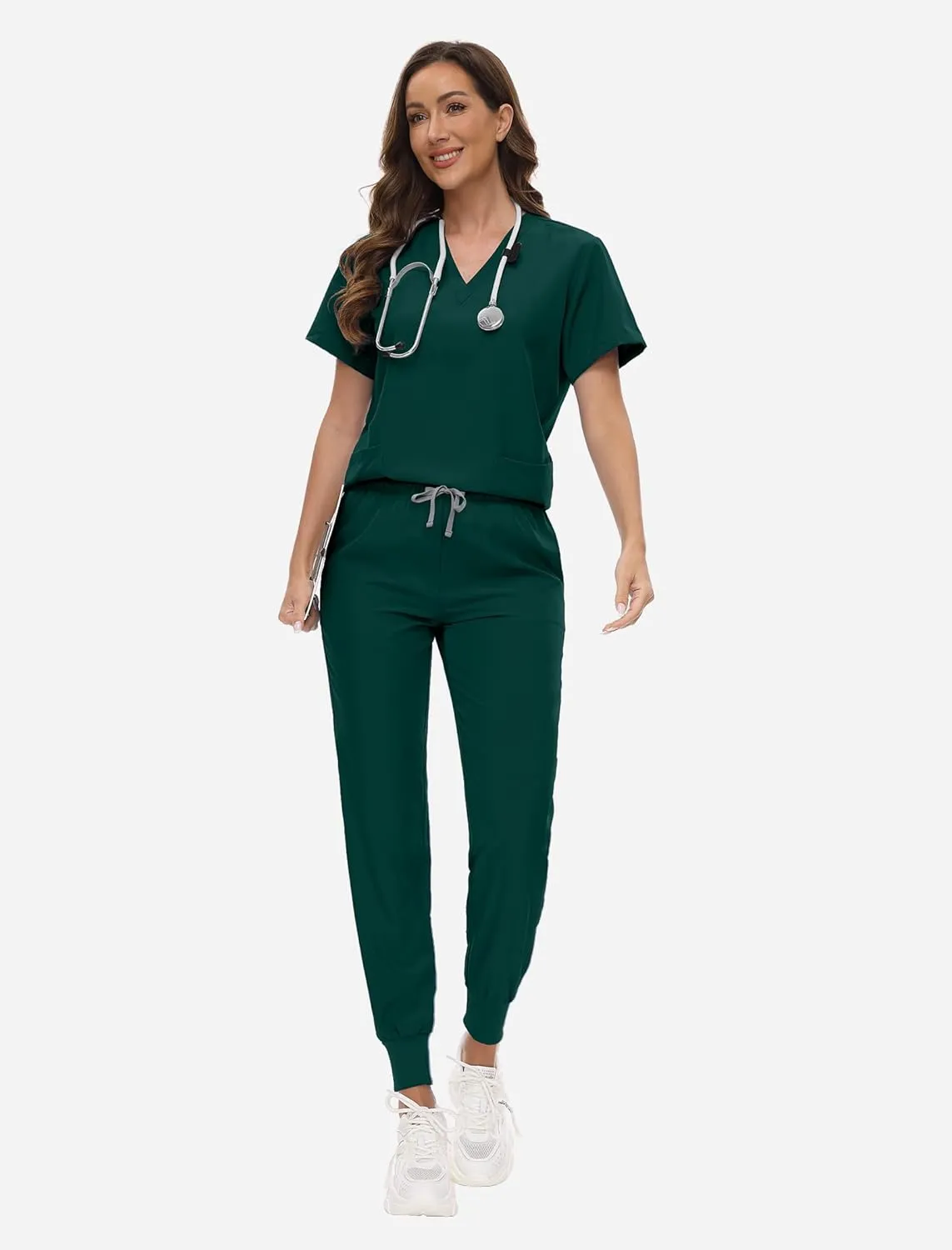 VIAOLI Scrubs for Women Set V-Neck Pocket Top & Drawstring Jogger Scrub Pants Stretch Nursing Scrubs Set Uniform