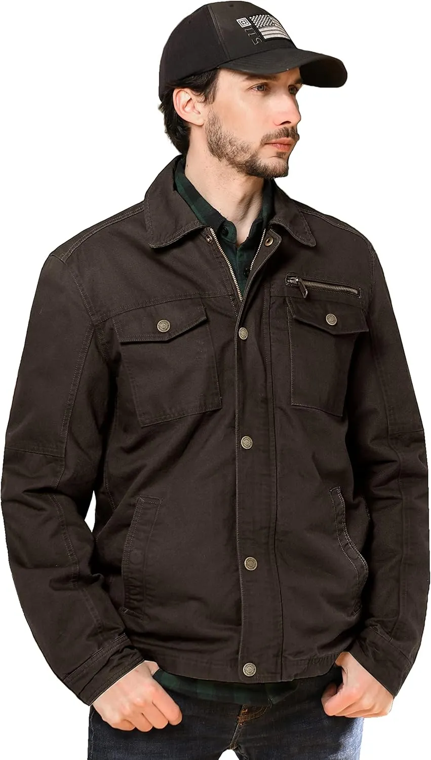 WenVen Men's Casual Canvas Cotton Military Lapel Jacket