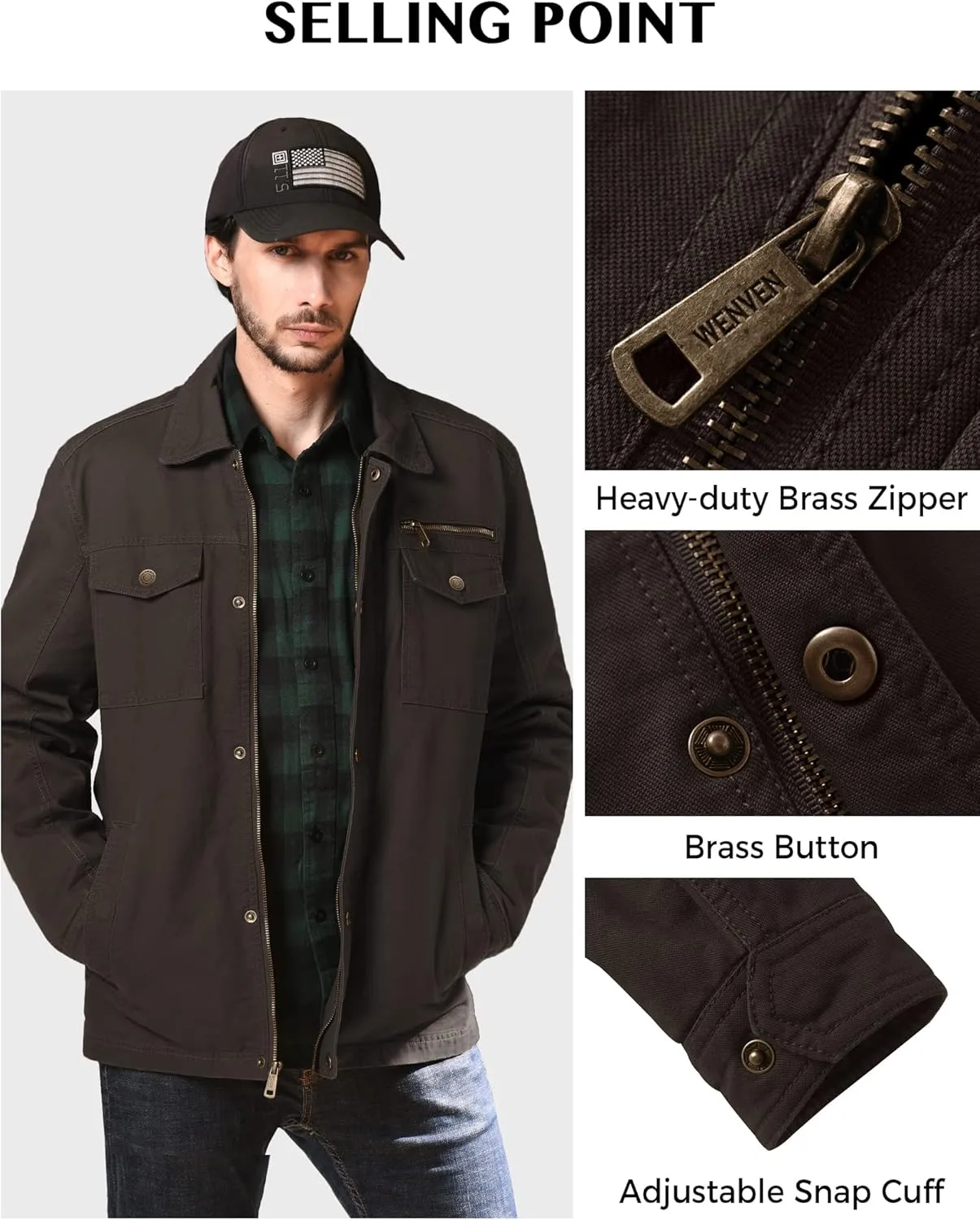 WenVen Men's Casual Canvas Cotton Military Lapel Jacket