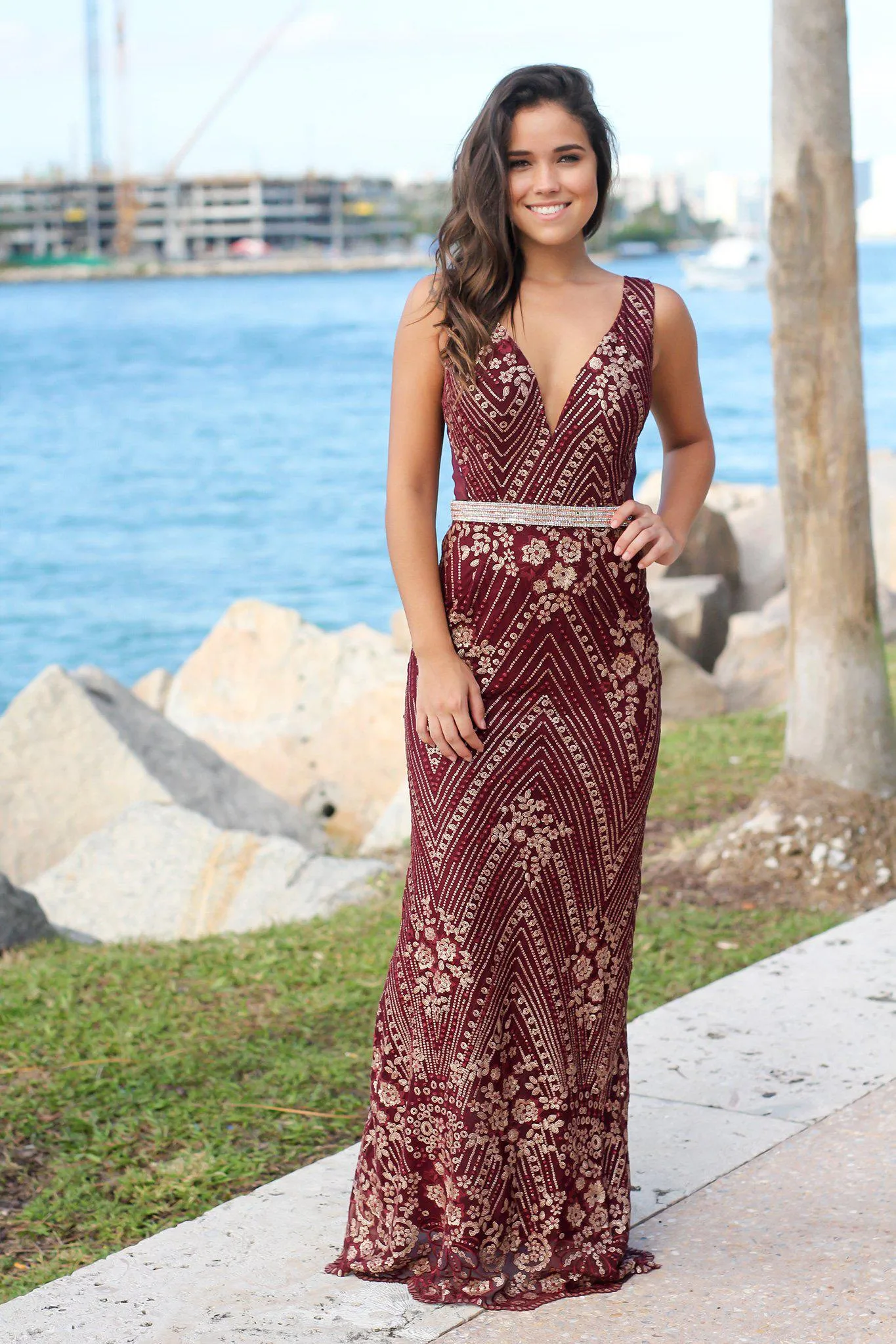 Wine Embroidered Maxi Dress with Tulle Back