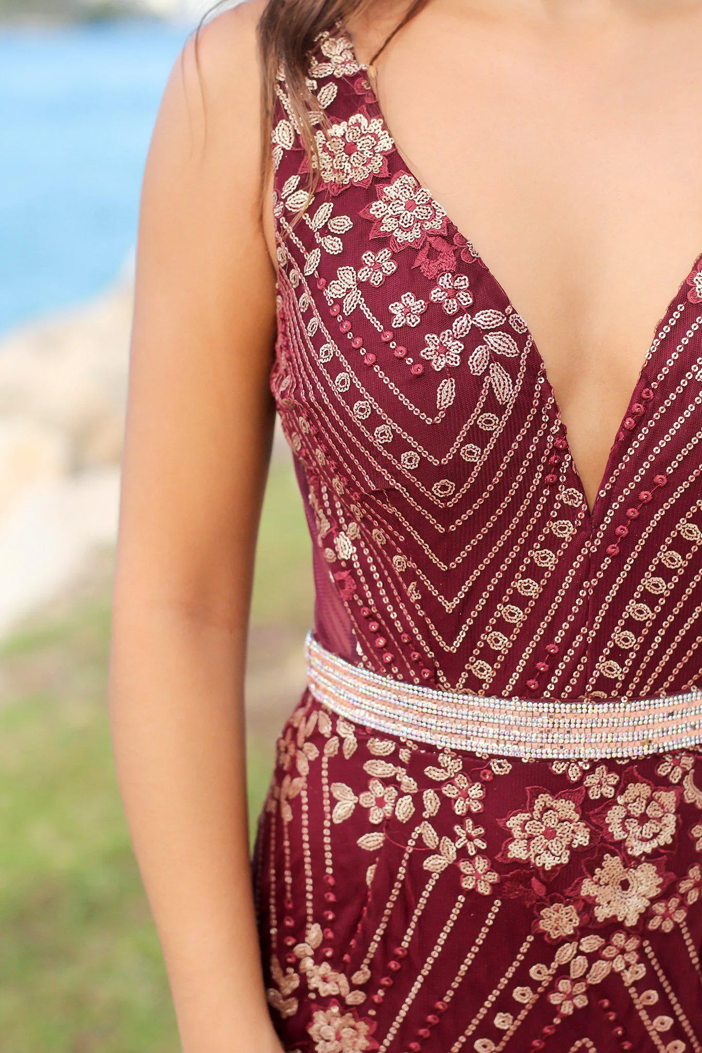 Wine Embroidered Maxi Dress with Tulle Back