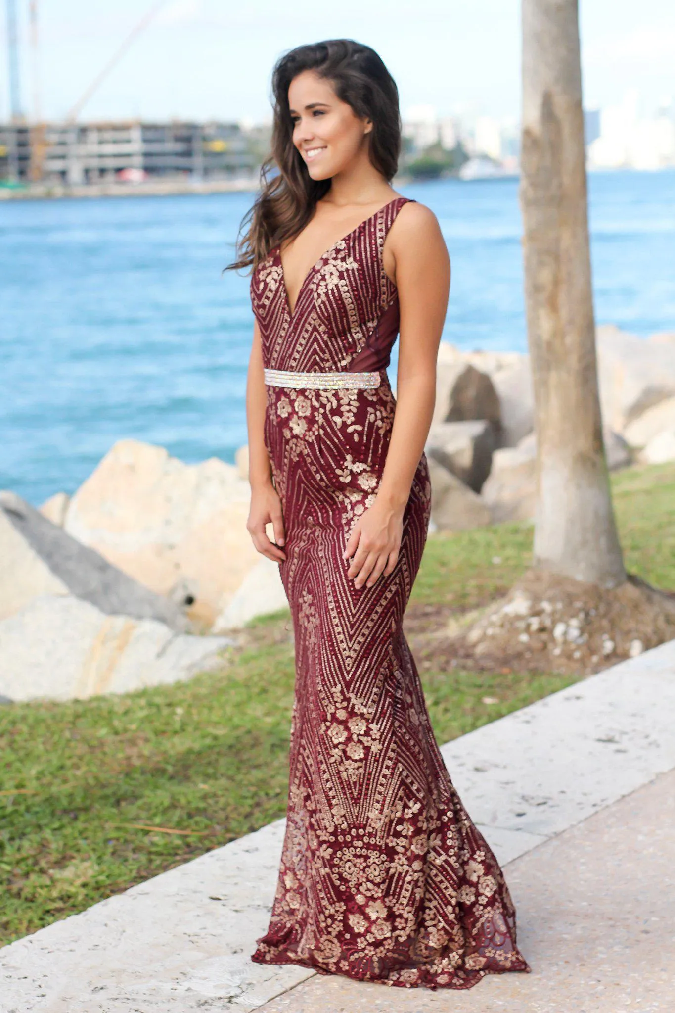 Wine Embroidered Maxi Dress with Tulle Back