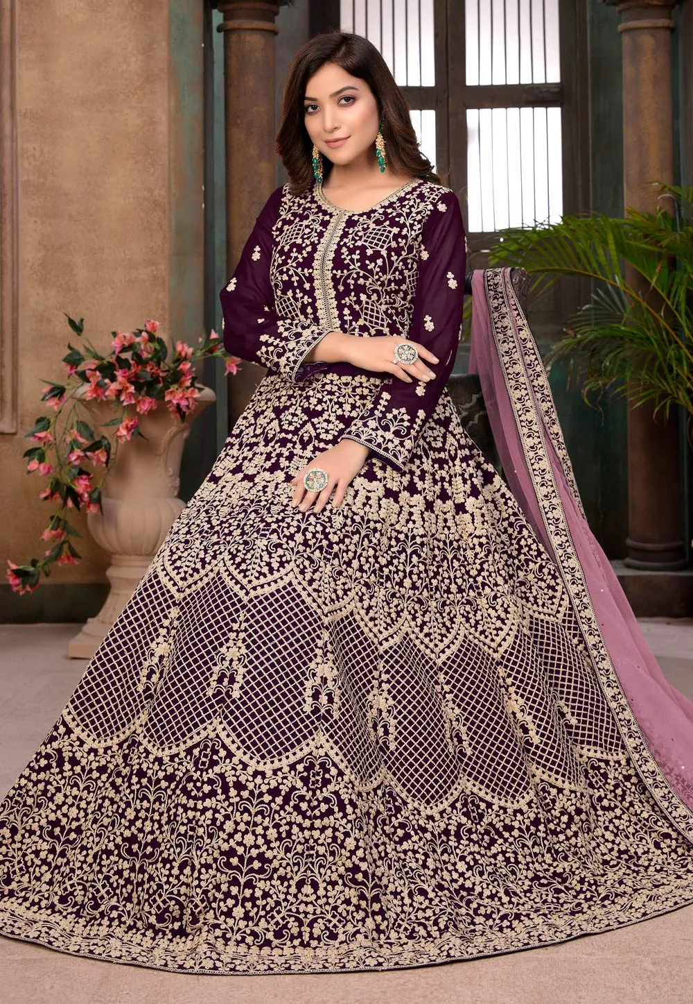 Wine Ethnic Embroidered Wedding Anarkali Suit
