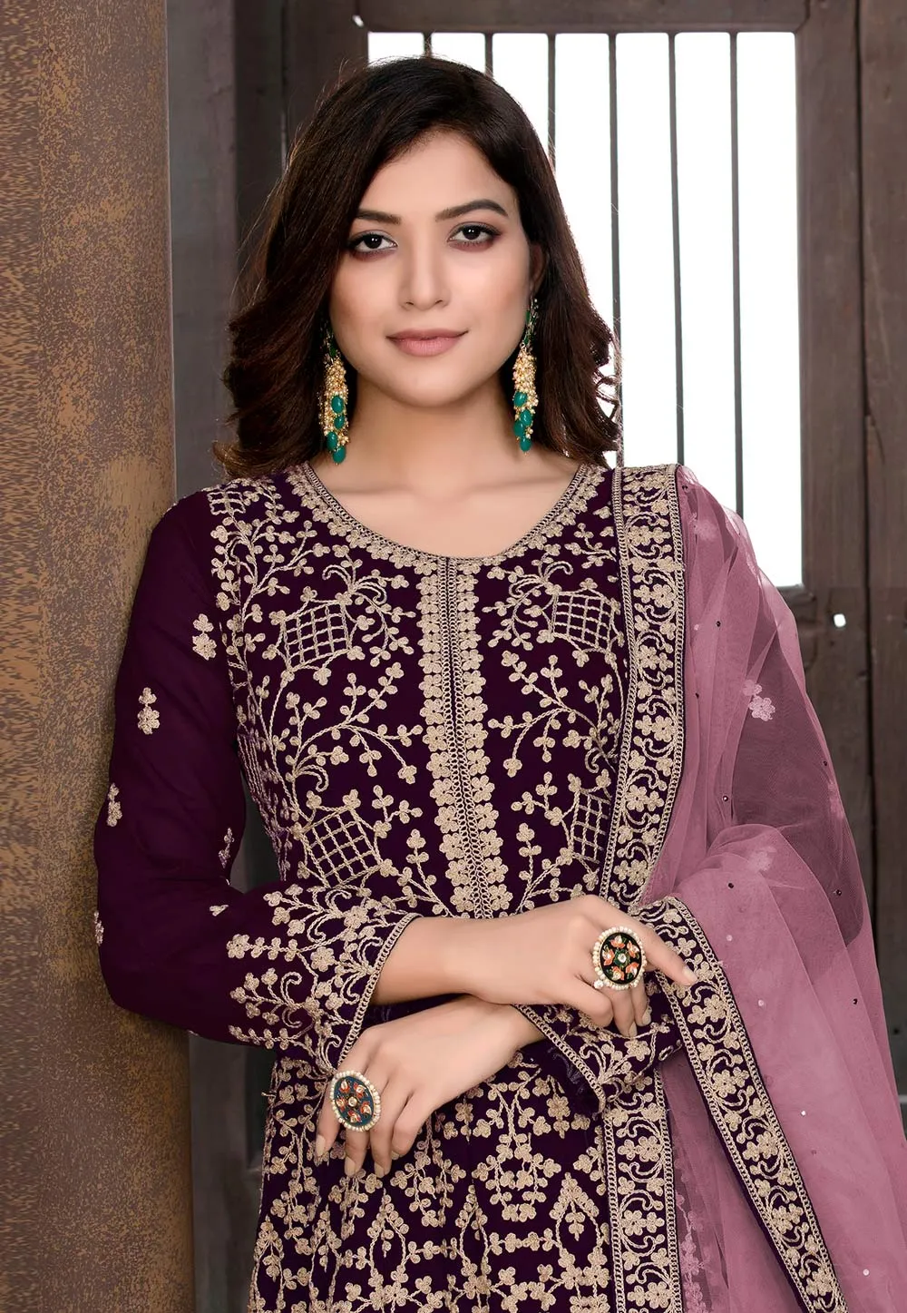 Wine Ethnic Embroidered Wedding Anarkali Suit