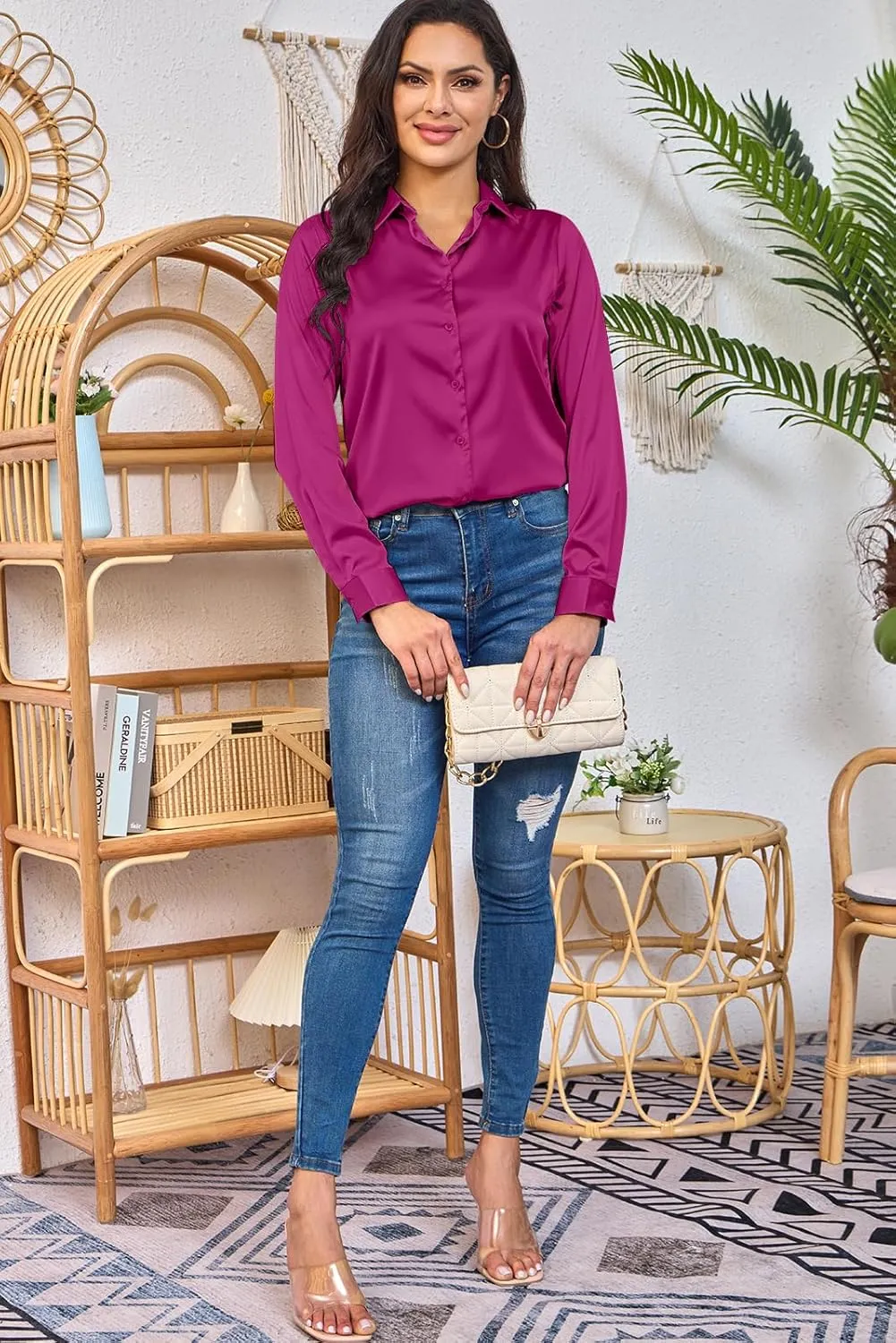 Women Silky Long Sleeve Button Down Shirts Formal Work Dress Shirt Satin Blouses Tops