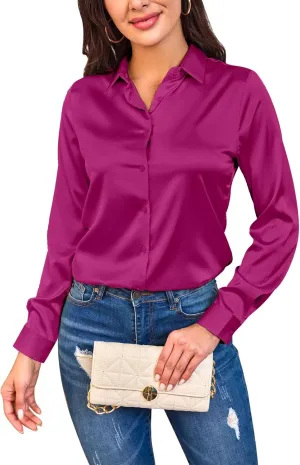 Women Silky Long Sleeve Button Down Shirts Formal Work Dress Shirt Satin Blouses Tops