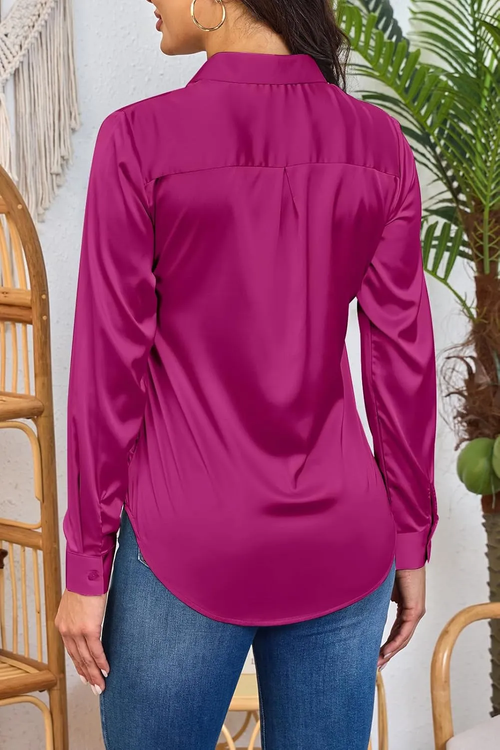 Women Silky Long Sleeve Button Down Shirts Formal Work Dress Shirt Satin Blouses Tops