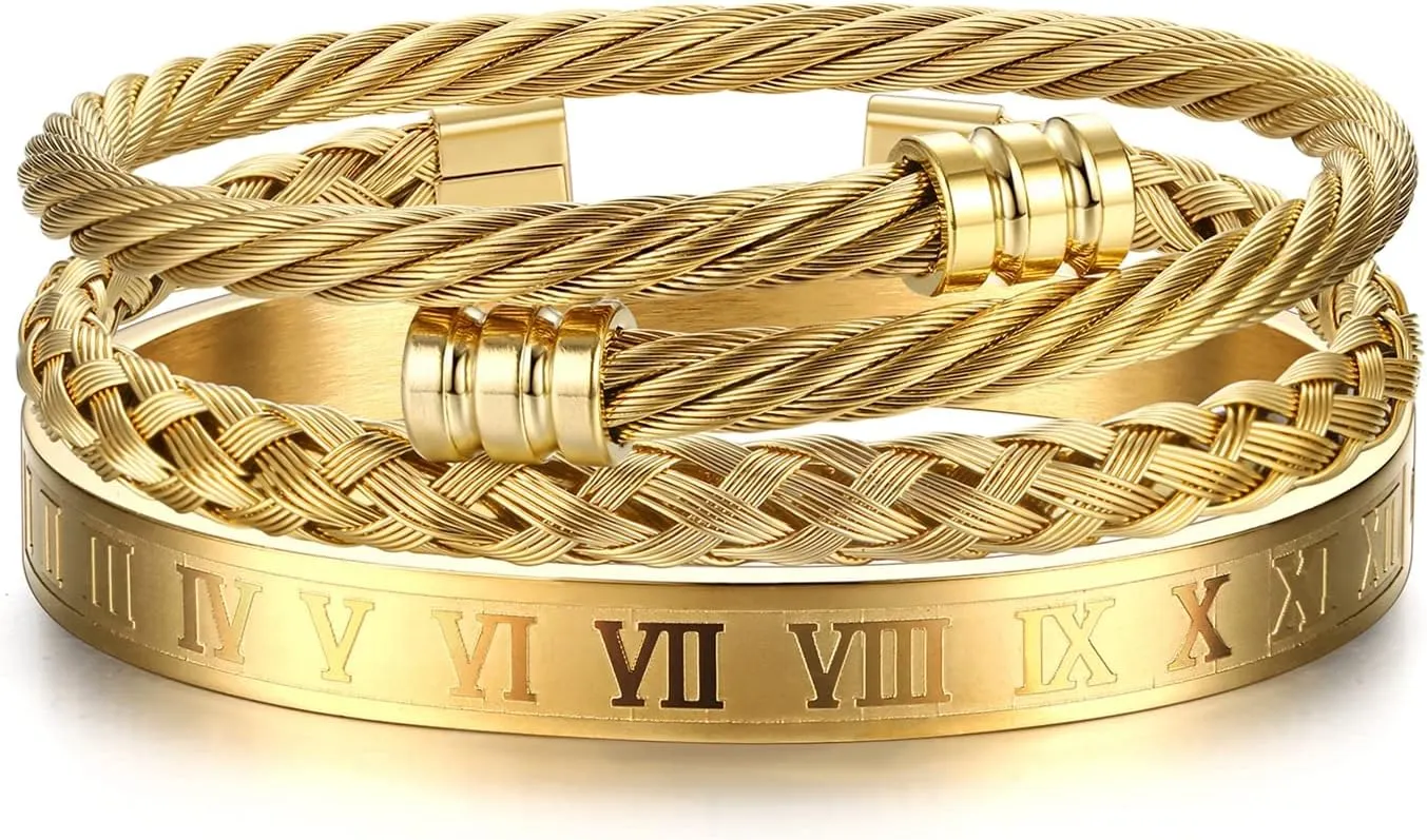 YADOCA 3Pcs Stainless Steel Bracelets for Men Roman Numeral Bangle Bracelet Adjustable Cuff Bracelet Twisted Cable Bracelet Mens Luxury Bracelets Jewelry Gifts Gold/Silver/Black