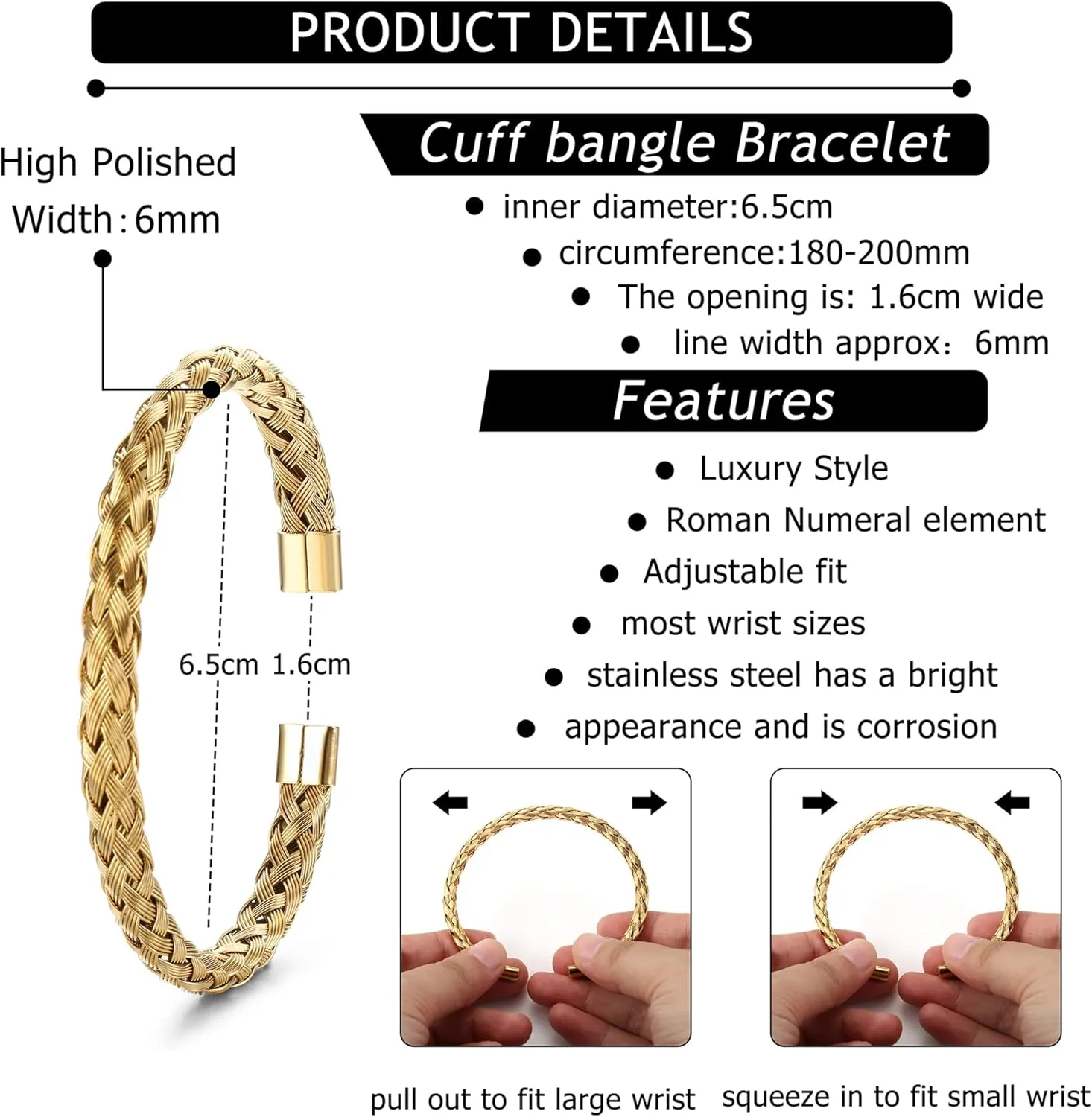 YADOCA 3Pcs Stainless Steel Bracelets for Men Roman Numeral Bangle Bracelet Adjustable Cuff Bracelet Twisted Cable Bracelet Mens Luxury Bracelets Jewelry Gifts Gold/Silver/Black
